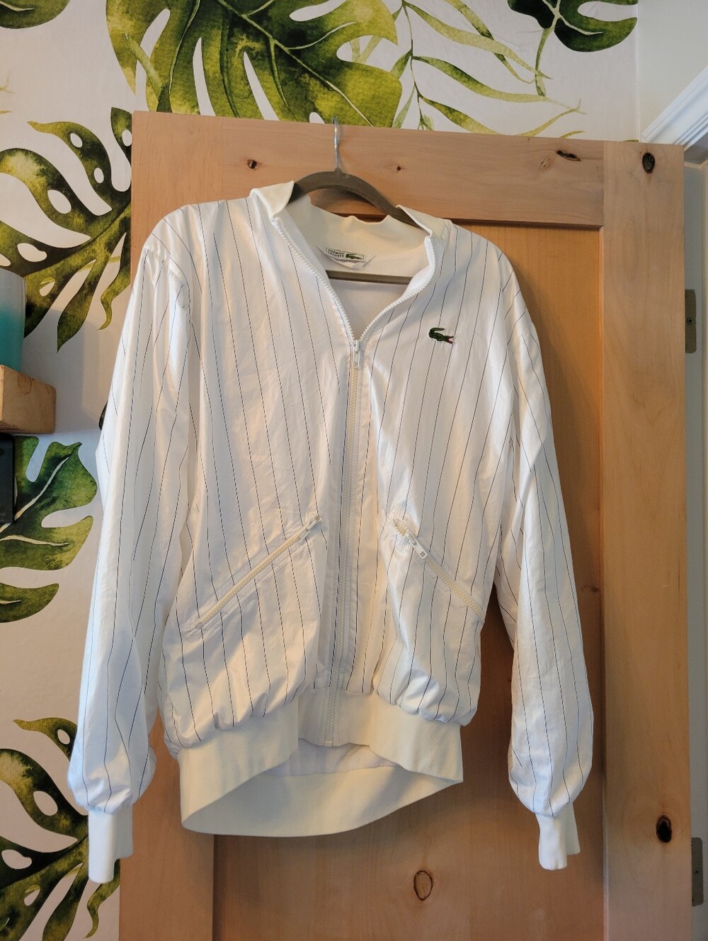 Vintage Lacoste White Pinstripe Zip Bomber Jacket with Terry Cloth, Medium